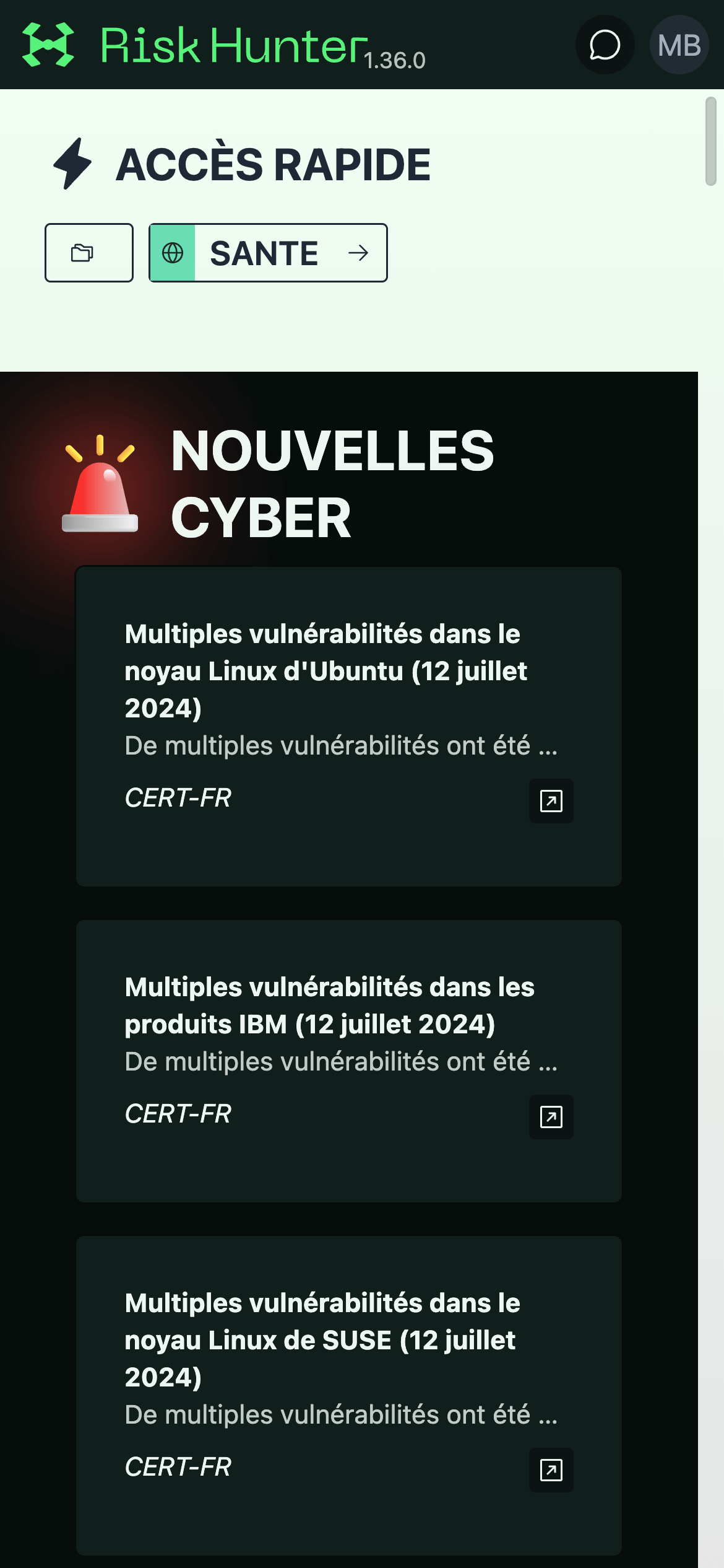 Screenshot du dashboard de l'app Risk Hunter