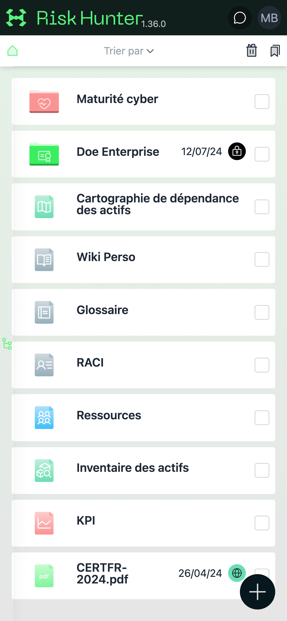 Screenshot de l'app Risk Hunter avec la vue des projets en cours